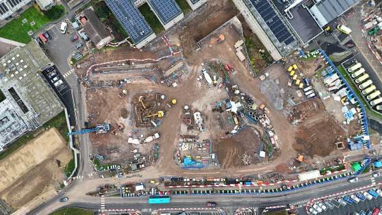 Royal Shrewsbury Hospital: Aerial view of groundworks and piling (Nov 2024)