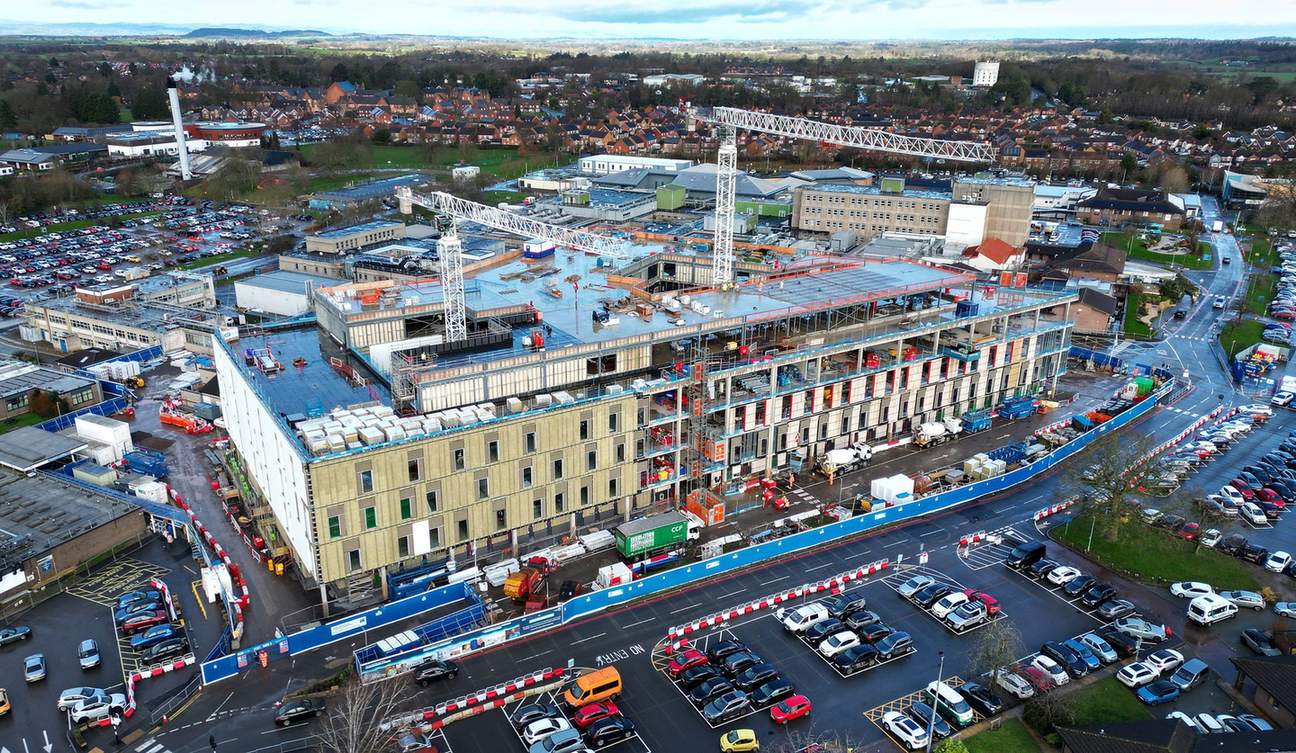 Royal Shrewsbury Hospital: Aerial view, 18 months in (Feb 2026)
